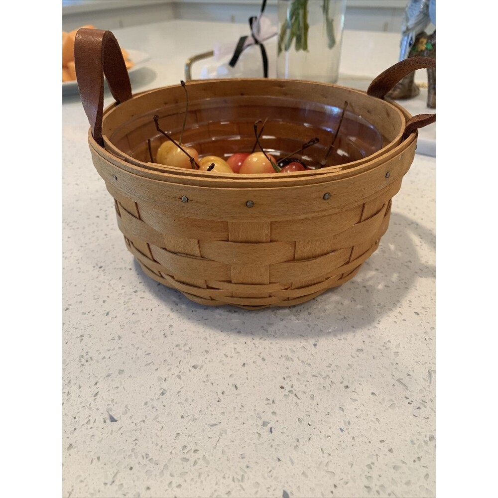 Longaberger Basket Small Round With Leather Handles 2002 With Liner